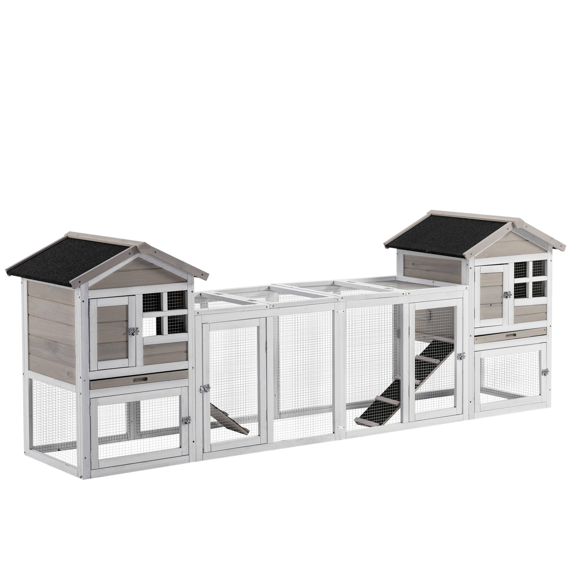 Photo of PawHut 2 in 1 Rabbit Hutch Outdoor Guinea Pig Hutch Bunny Run Double Main House with Run, No-Leak Tray 259 x 64 x 92cm, Grey in Grey colour on a white background