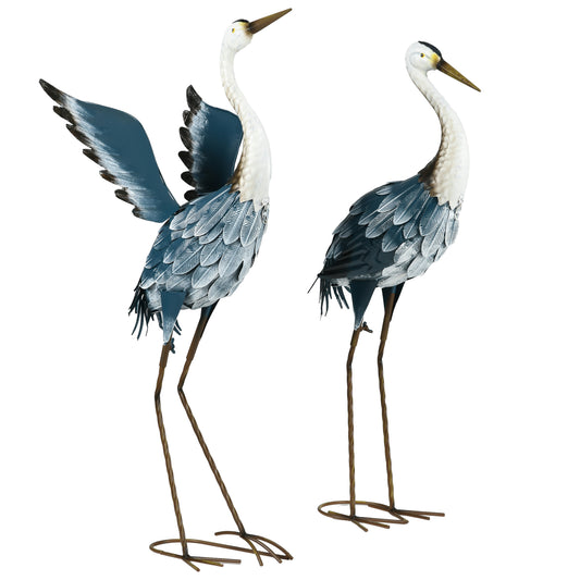 Photo of Outsunny Heron Garden Statues, Standing Garden Ornament, Metal Garden Gift with Stakes, Blue & White in White colour on a white background