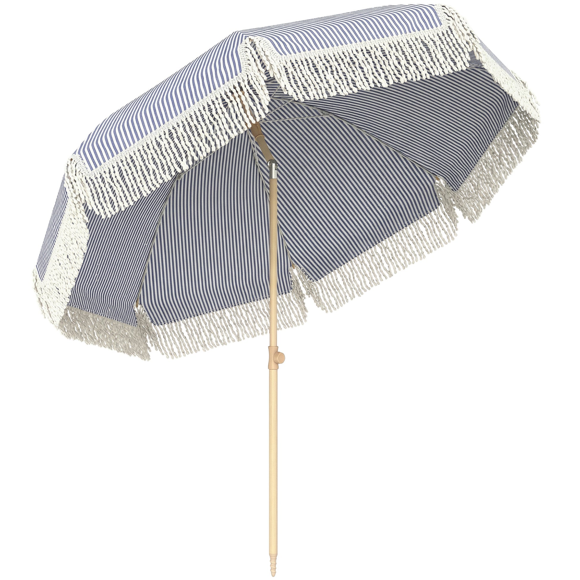 Photo of Outsunny 1.7 m Beach Umbrella with Sand Anchor, 30° Tilting Fringed Beach Garden Parasol with Adjustable Height, Blue in Blue colour on a white background