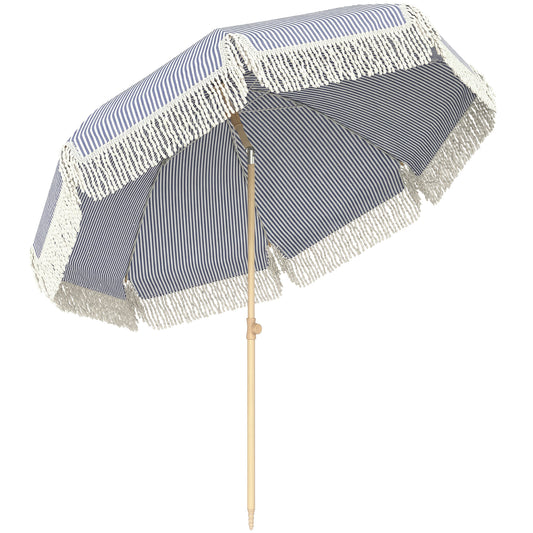 Photo of Outsunny 1.7 m Beach Umbrella with Sand Anchor, 30° Tilting Fringed Beach Garden Parasol with Adjustable Height, Blue in Blue colour on a white background