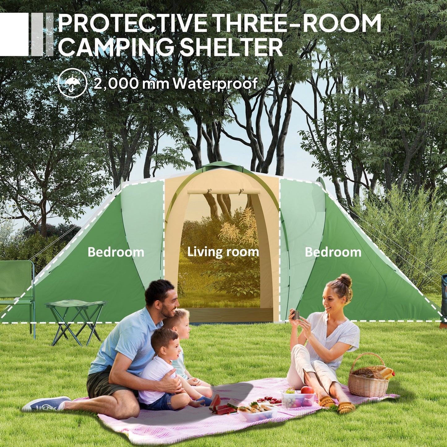 Outsunny Large Camping Tent Tunnel Tent with 2 Bedroom and Living Area, 2000mm Waterproof, Portable with Bag for 4-6 Man, Green