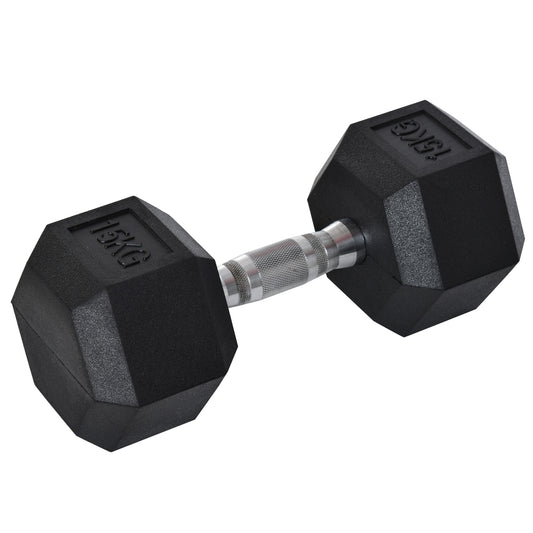 Photo of HOMCOM 15KG Single Rubber Hex Dumbbell Portable Hand Weights Dumbbell Home Gym in Gym colour on a white background