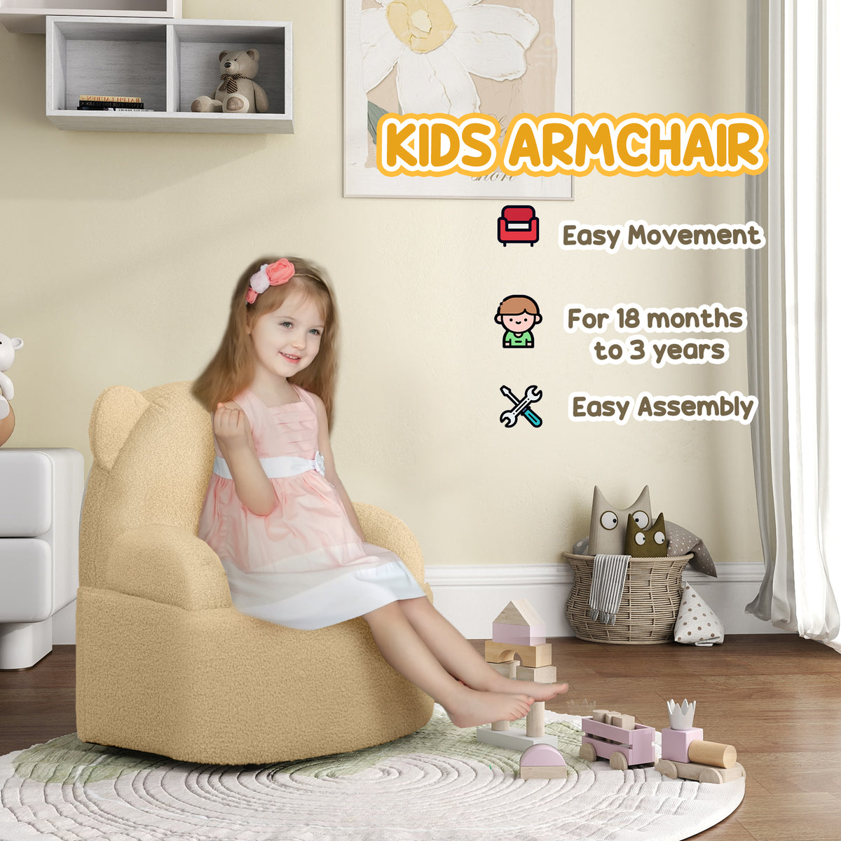 Khaki bear-shaped toddler armchair shown in side view with a child seated