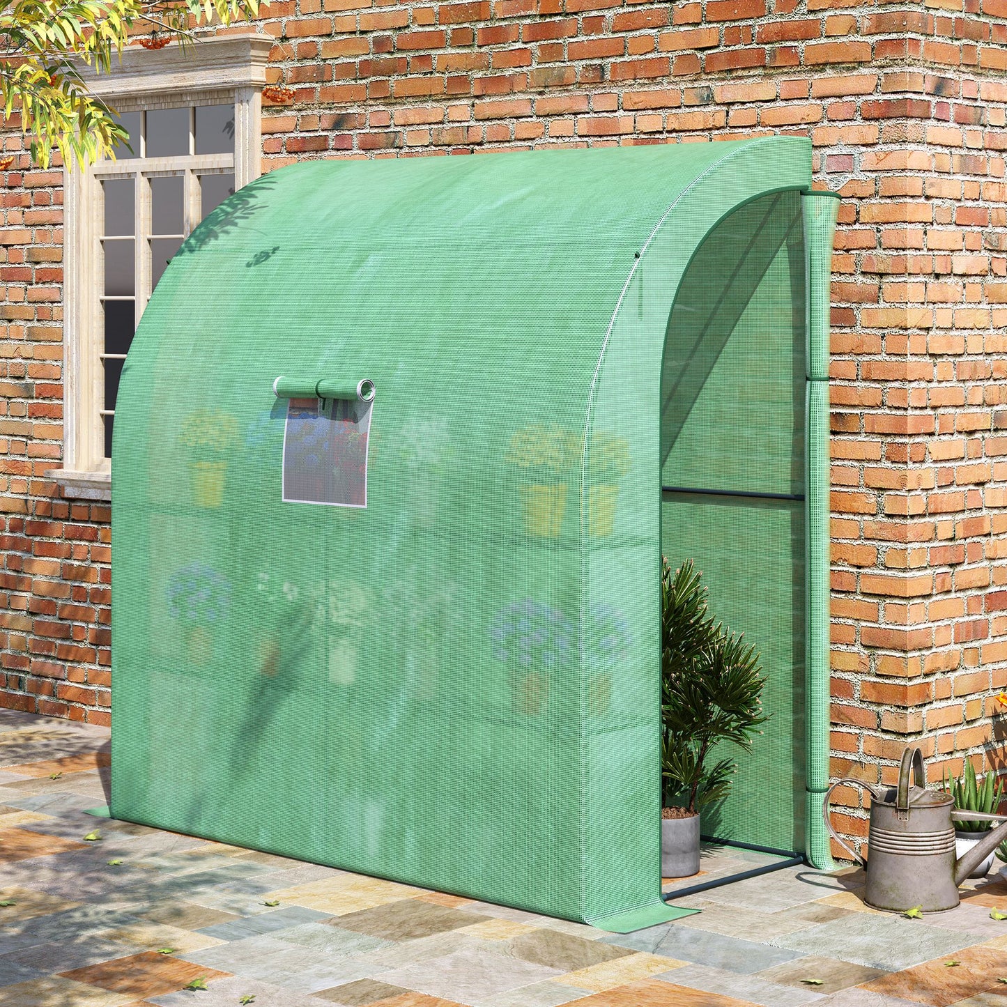 Outsunny Small Lean to Greenhouse 3-Tier with Shelves Outdoor, Green