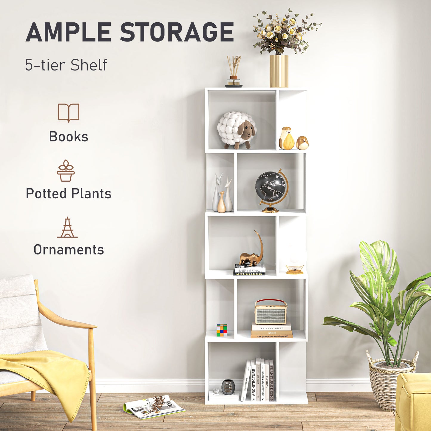 HOMCOM Bookcase, S-Shaped Wooden Bookshelf, 5 Tiers Freestanding Storage Shelf, Home Office Display Stand Rack, White