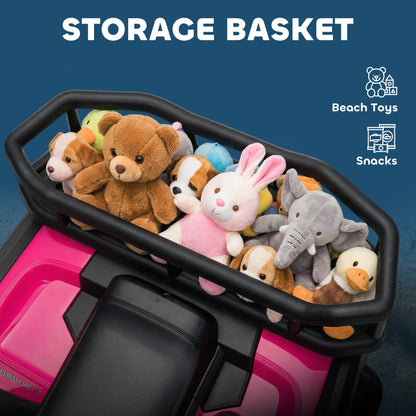 Pink kids' electric ride-on ATV with a large rear storage basket