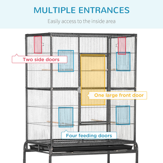 Black bird cage with a large front door, two side doors, and four feeding doors