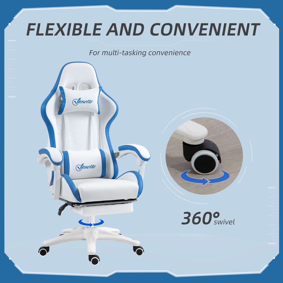Vinsetto Gaming Chair, Computer Gamer Chair with Reclining High Back, Headrest, Lumbar Support, Footrest, Swivel Wheels, PU Leather, Adjustable Height for Home, White and Blue