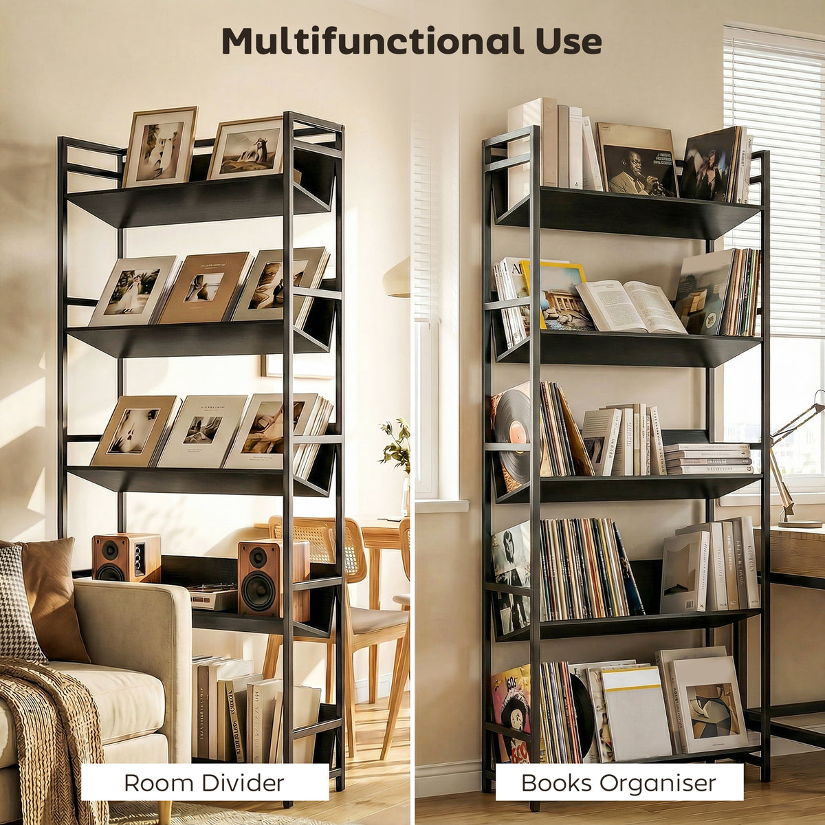 HOMCOM Bookshelf 5-Tier Metal Frame Bookcase Storage Shelves for Living Room Black