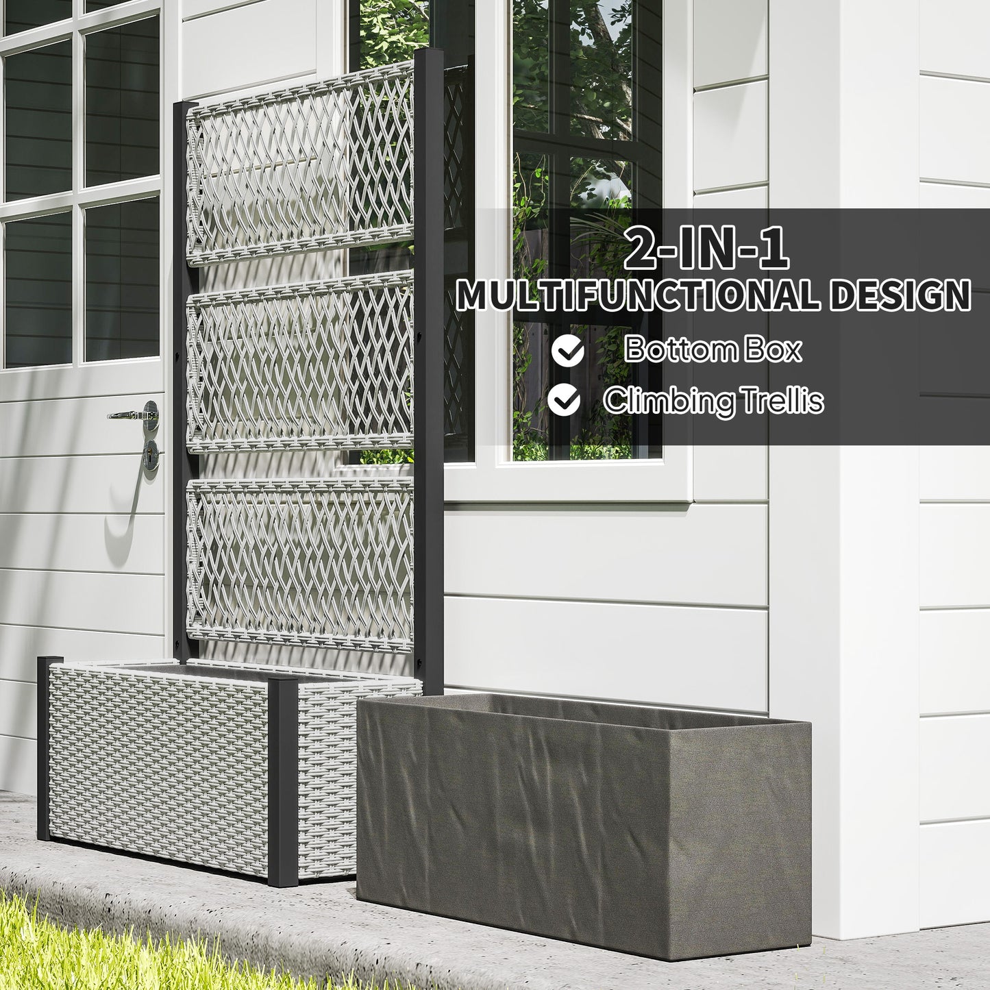 Outsunny Garden Planter Box with Trellis, Liner for Climbing Plants, Vegetables, Flowers, Mixed-grey