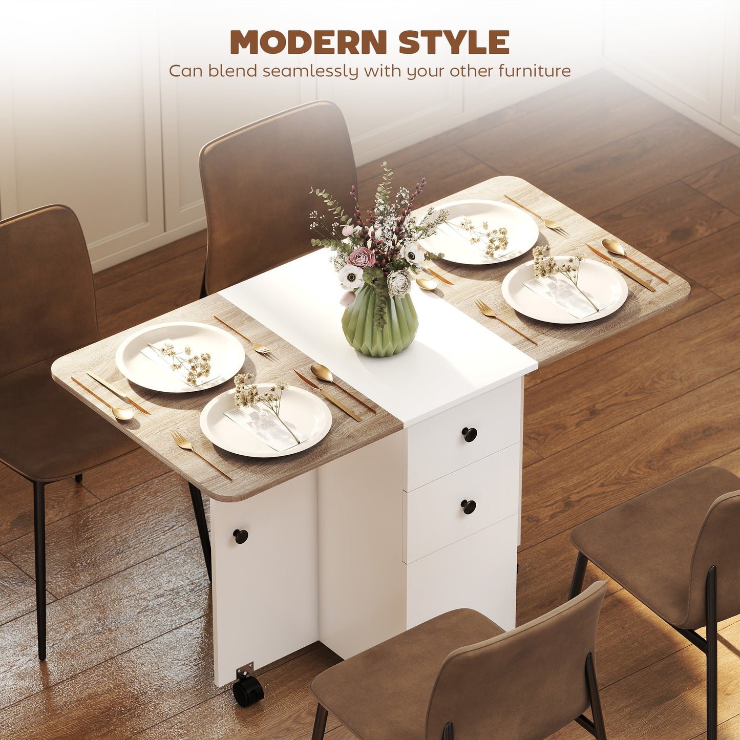 HOMCOM Multi-Storage Six-Person Drop Leaf Dining Table -  Oak and White