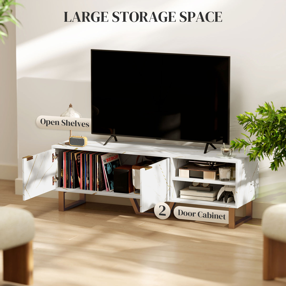 TV stand with cupboard doors and open shelves storing books and media equipment