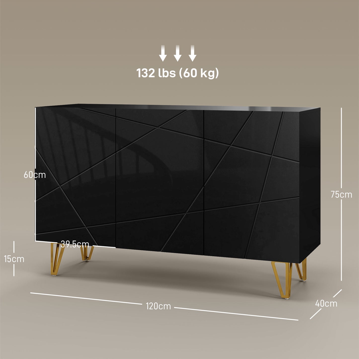 HOMCOM Modern Luxe High Gloss Sideboard, with Hairpin Legs - Black