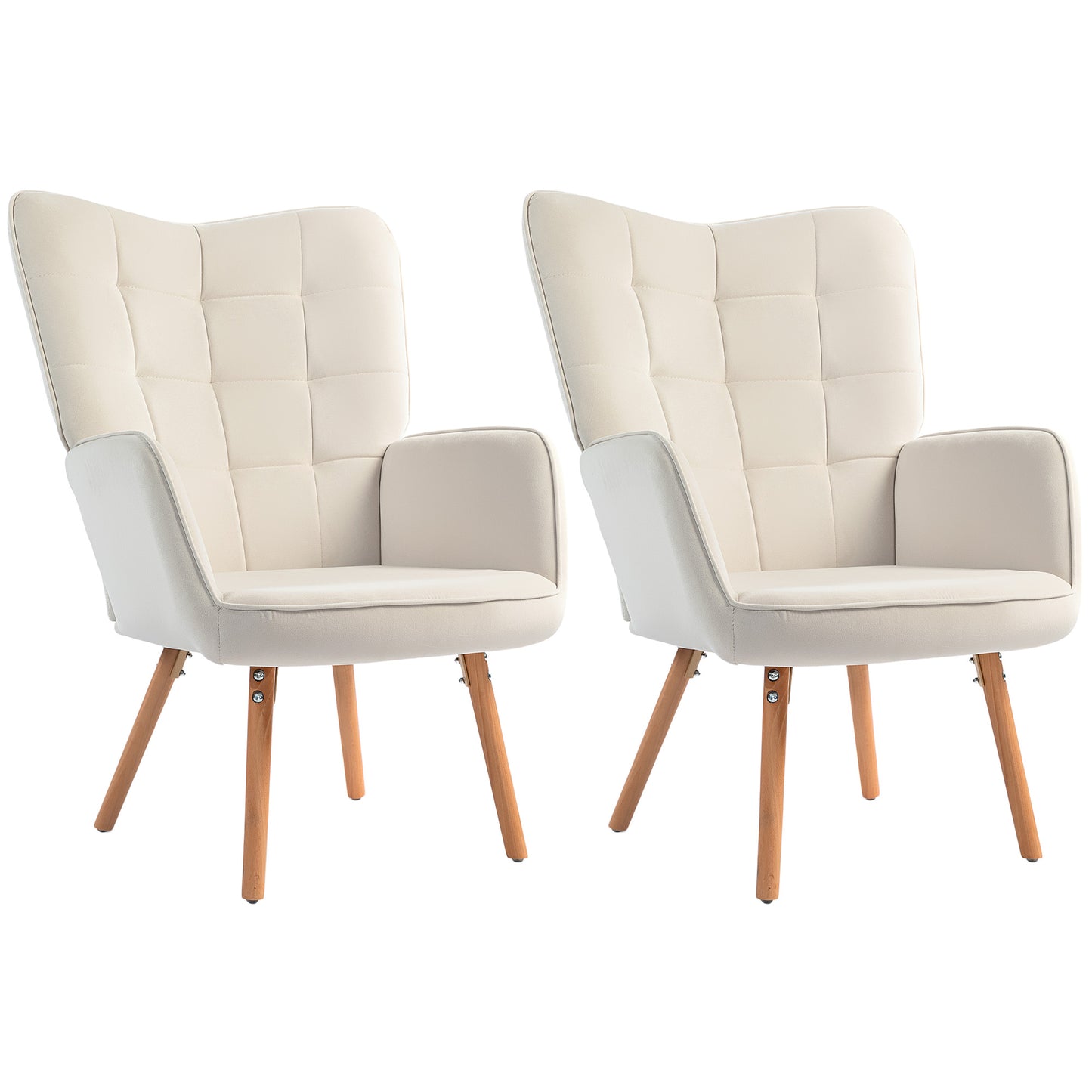 Photo of HOMCOM Modern Accent Chair Set of 2 Velvet-Touch Tufted Wingback Armchair Upholstered Leisure Lounge Sofa Club Chair with Wood Legs, Cream White in White colour on a white background
