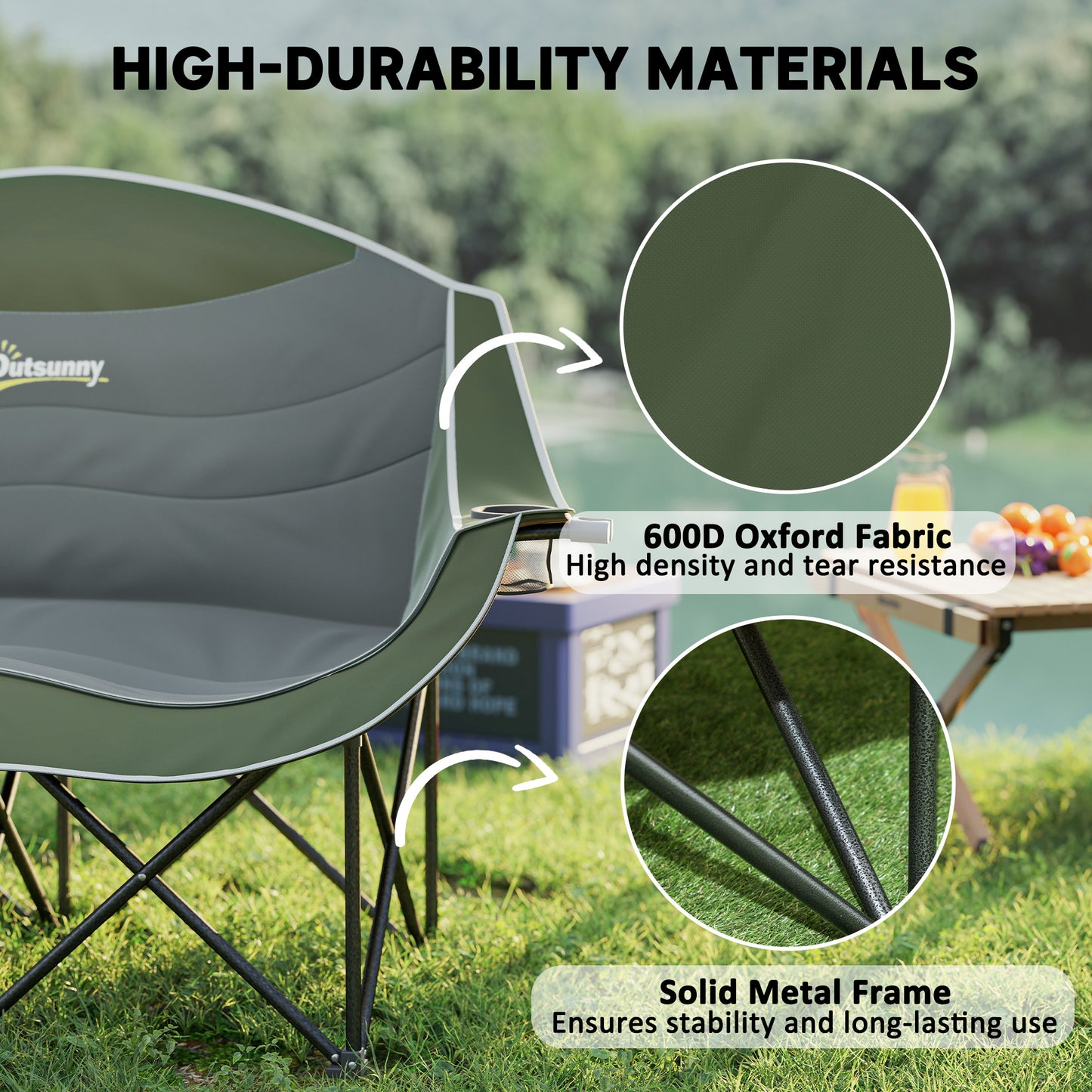 Outsunny Double Camping Chair for Adults with Armrests, Heavy Duty Oversized Padded Folding Chair with Carry Bag, Cup Holders for Outdoor Hiking Picnic Camping Fishing, 250kg Capacity, Green