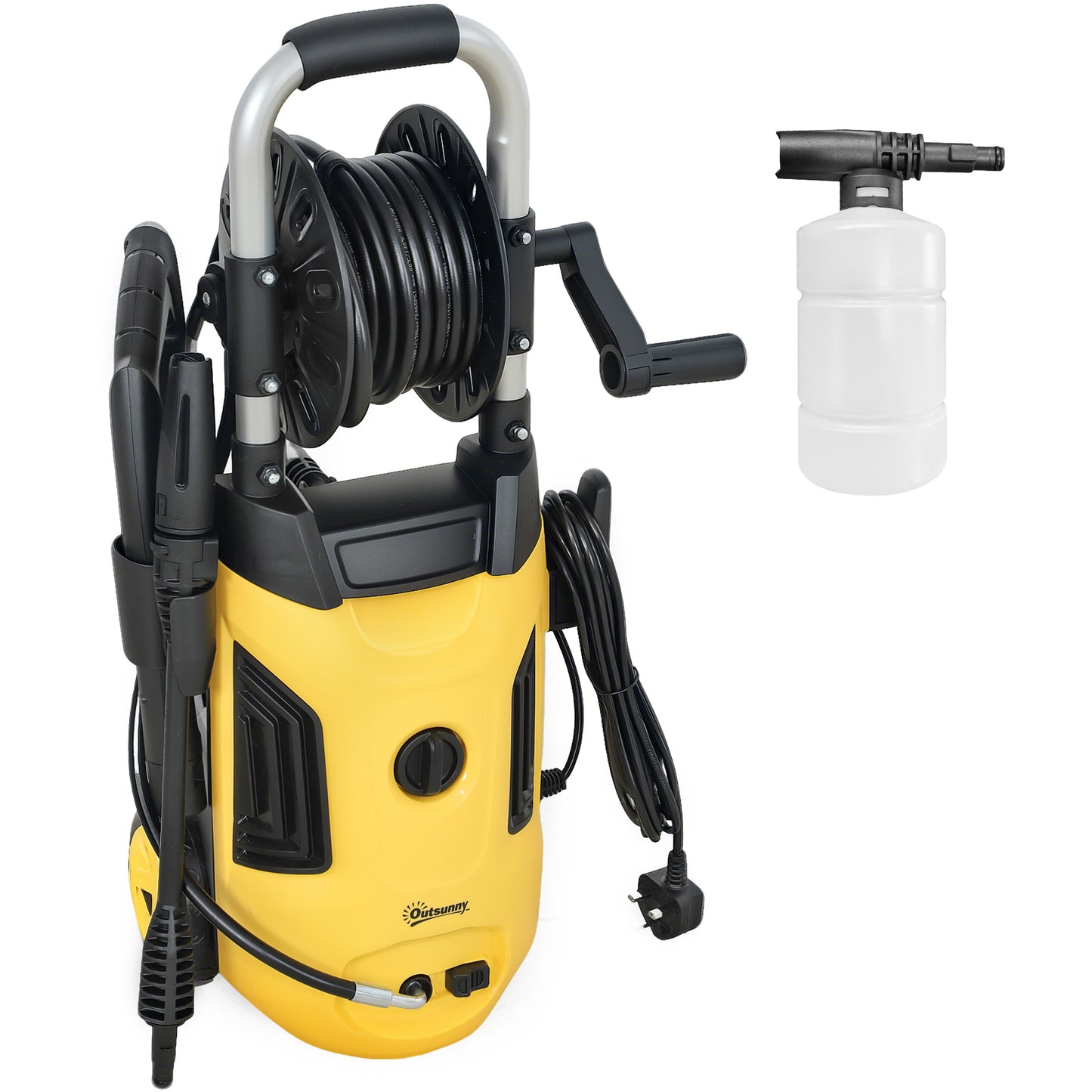 Photo of Outsunny 1800W High Pressure Washer, 150 Bar Pressure, 420 L/h Flow, Portable Power Washer Jet Wash Cleaner with Adjustable Nozzle, 6M Hose, Hose Reel, Steel Handle for Home Patio Car Driveway, Yellow in Yellow colour on a white background