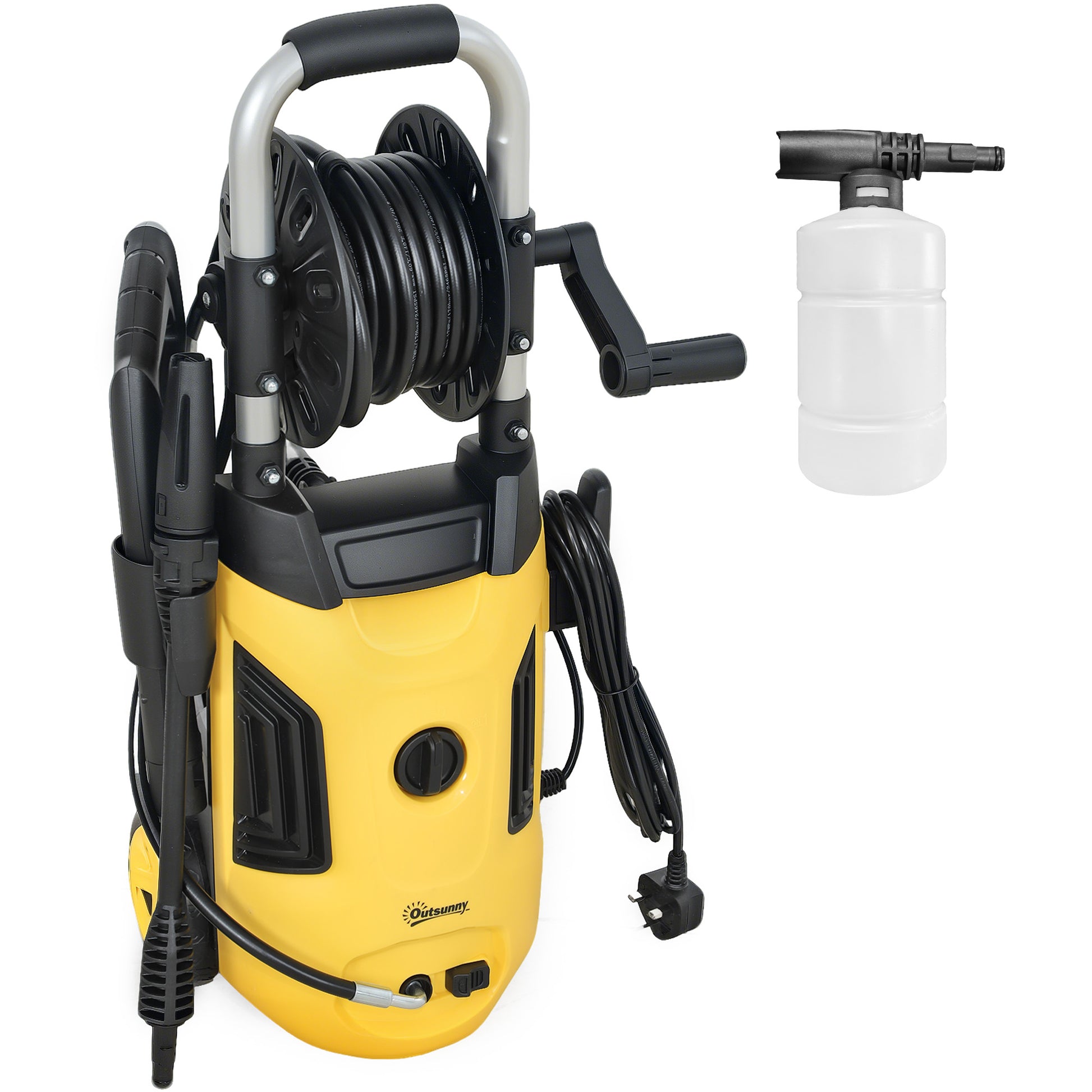 Photo of Outsunny 1800W High Pressure Washer, 150 Bar Pressure, 420 L/h Flow, Portable Power Washer Jet Wash Cleaner with Adjustable Nozzle, 6M Hose, Hose Reel, Steel Handle for Home Patio Car Driveway, Yellow in Yellow colour on a white background