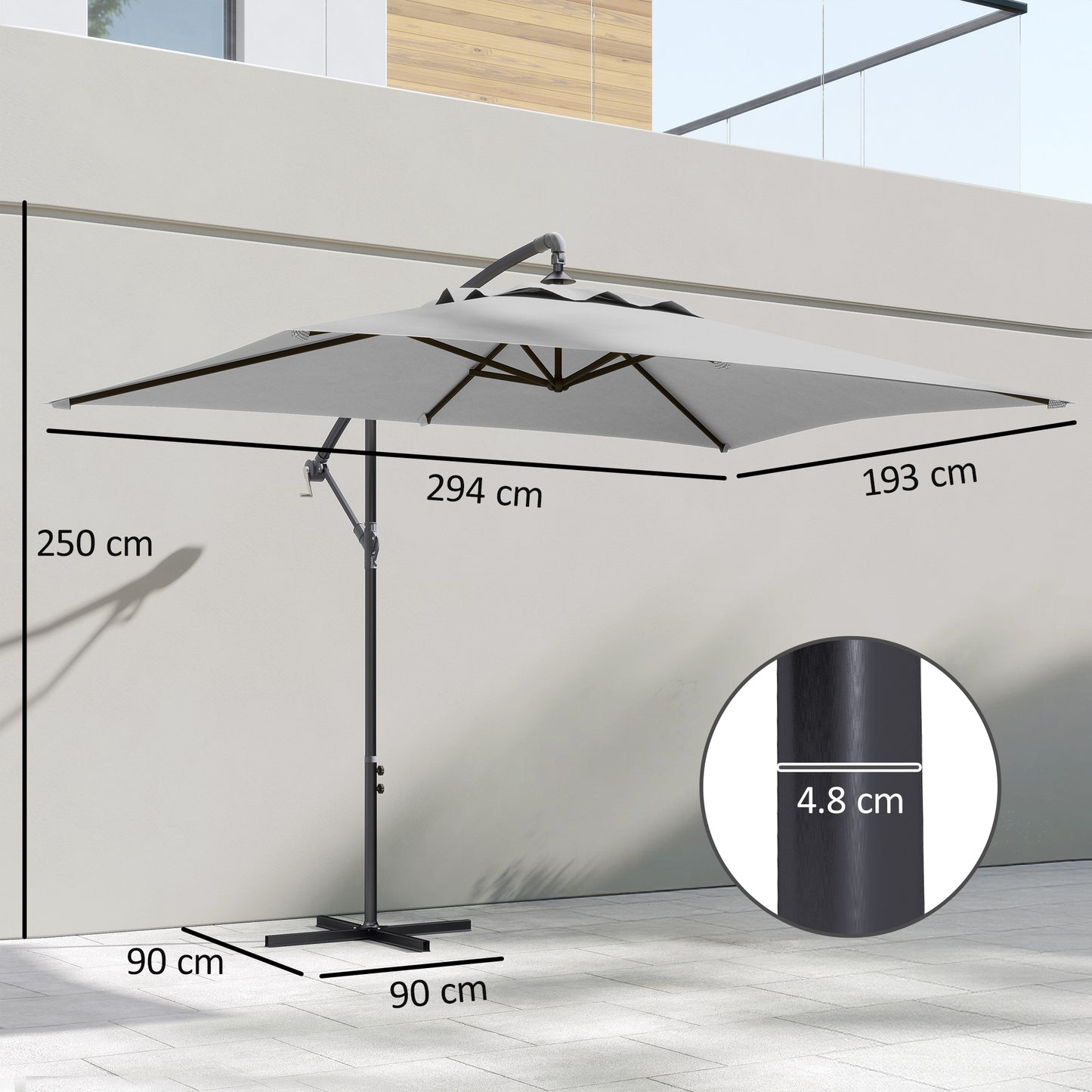 Outsunny 3(m) Cantilever Overhanging Parasol, with Cross Base - Light Grey