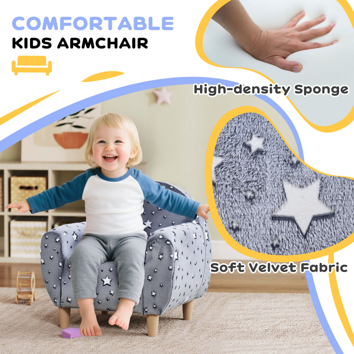 AIYAPLAY Kids Armchair, Glow in the Dark Chair with Star Design for Bedroom, Playroom, Kids Room, Grey