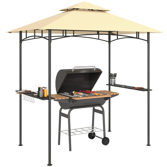 Photo of Outsunny 8' x 5' Grill Gazebo, Double Tiered BBQ Gazebo Shelter Canopy with LED Lights, 2 Side Shelves, Hooks, Beige in Beige colour on a white background