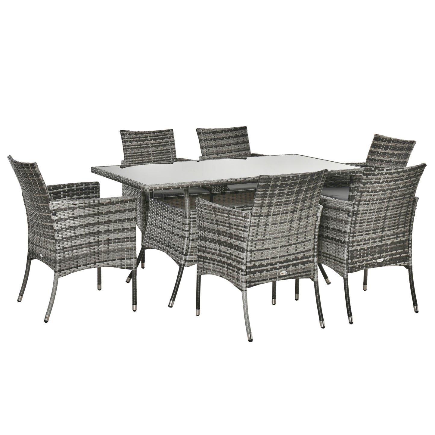 Photo of Outsunny 7-Piece Rattan Garden Furniture Set with Cushions, 6 Seater Garden Table and Chairs, Rattan Dining Set with 6 Armchairs, Rectangular Glass Top Table, Grey in Grey colour on a white background