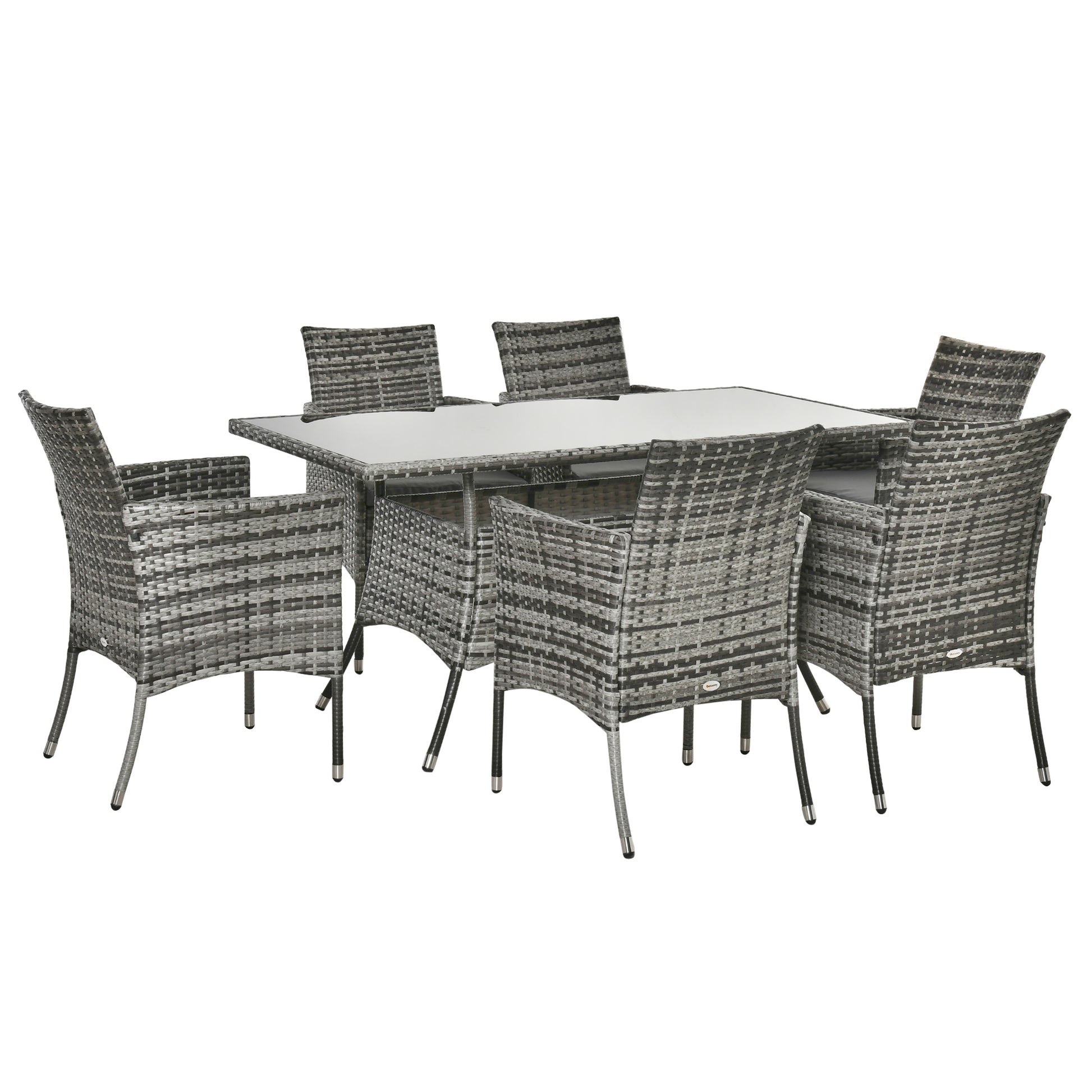 Photo of Outsunny 7-Piece Rattan Garden Furniture Set with Cushions, 6 Seater Garden Table and Chairs, Rattan Dining Set with 6 Armchairs, Rectangular Glass Top Table, Grey in Grey colour on a white background