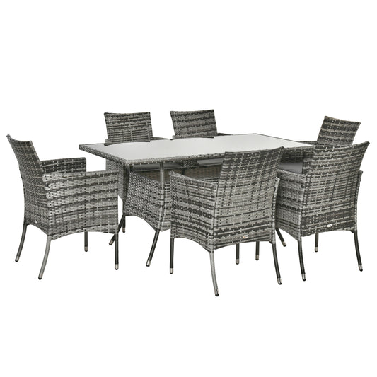 Photo of Outsunny 7-Piece Rattan Garden Furniture Set with Cushions, 6 Seater Garden Table and Chairs, Rattan Dining Set with 6 Armchairs, Rectangular Glass Top Table, Grey in Grey colour on a white background