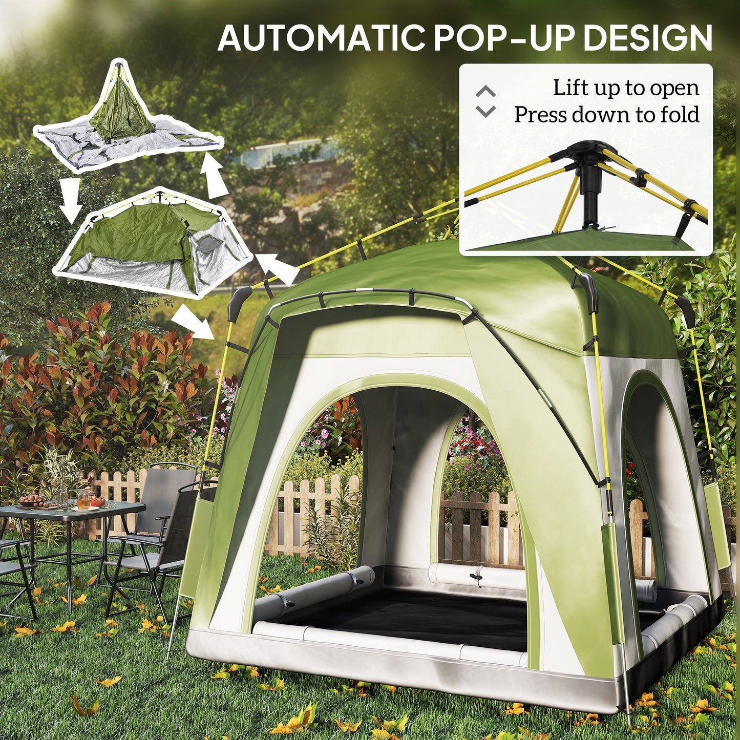 Outsunny Instant Pop Up Camping Tent, 3 Man Dome Tent with 4 Doors, Sewn-in Groundsheet, Carry Bag and Top Hook for Fishing Hiking Festival, Green