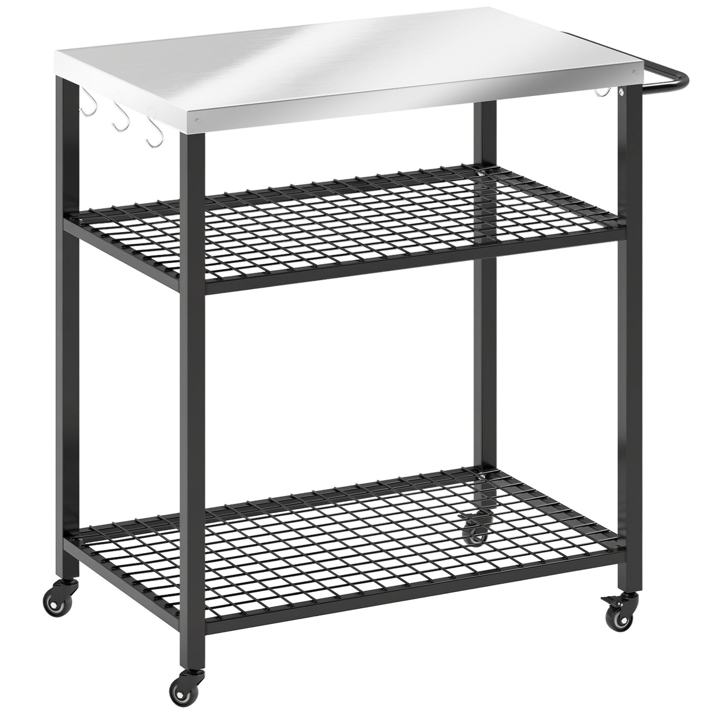 Photo of Outsunny Outdoor Grill Cart with Stainless Steel Tabletop, 3-Tier Pizza Oven Stand with 2 Shelves, 6 Hooks, Wheels, Black in Black colour on a white background
