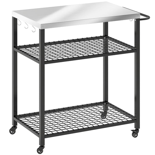 Photo of Outsunny Outdoor Grill Cart with Stainless Steel Tabletop, 3-Tier Pizza Oven Stand with 2 Shelves, 6 Hooks, Wheels, Black in Black colour on a white background