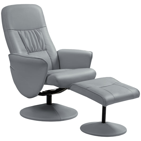 Photo of HOMCOM Swivel Recliner Chair with Footstool, PU Leather Armchair and Ottoman with High Back and Round Base for Living Room, Light Grey in Grey colour on a white background