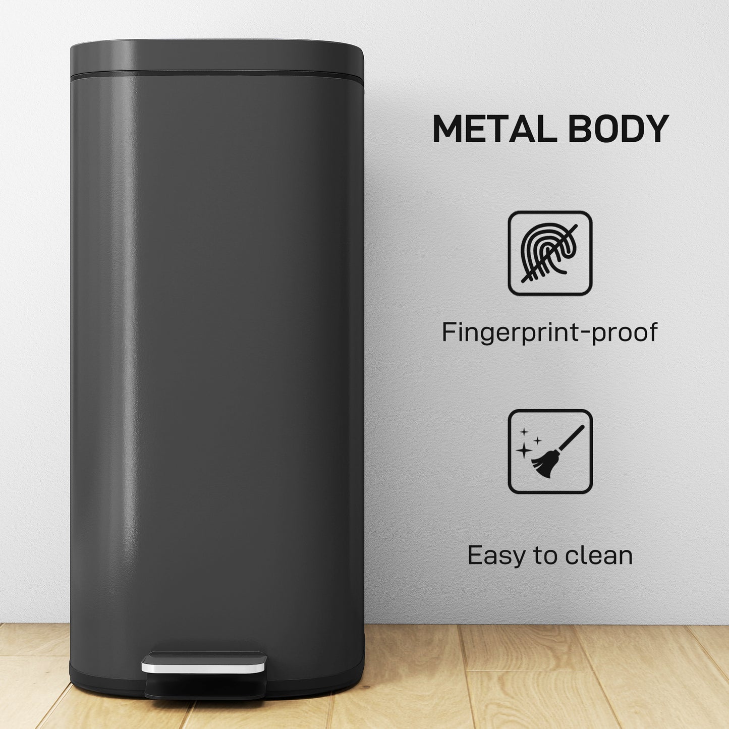HOMCOM 30L Kitchen Bin, Compact Pedal Bin with Soft-Close and Stay-Open Lid, Removable Bucket for Kitchen, Home, Office, Black