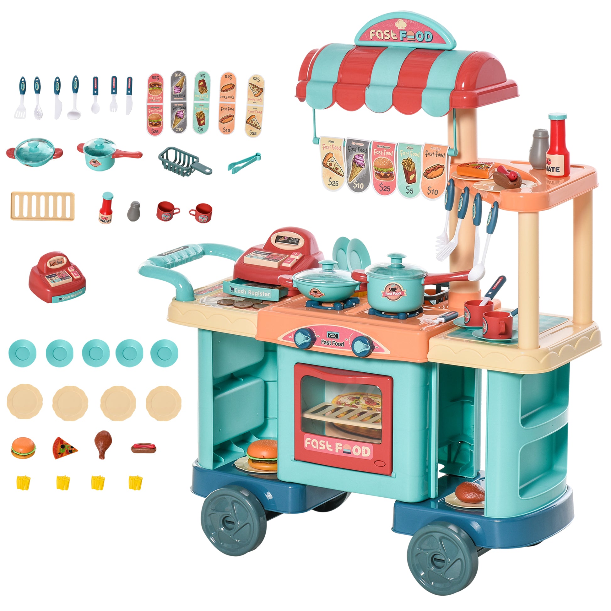 Photo of HOMCOM 50 Pcs Kids Kitchen Play set Fast Food Trolley Cart Pretend Playset Toys with Play Food Cashier Register Accessories Gift for Boys Girls Age 3-6 in 3-6 colour on a white background