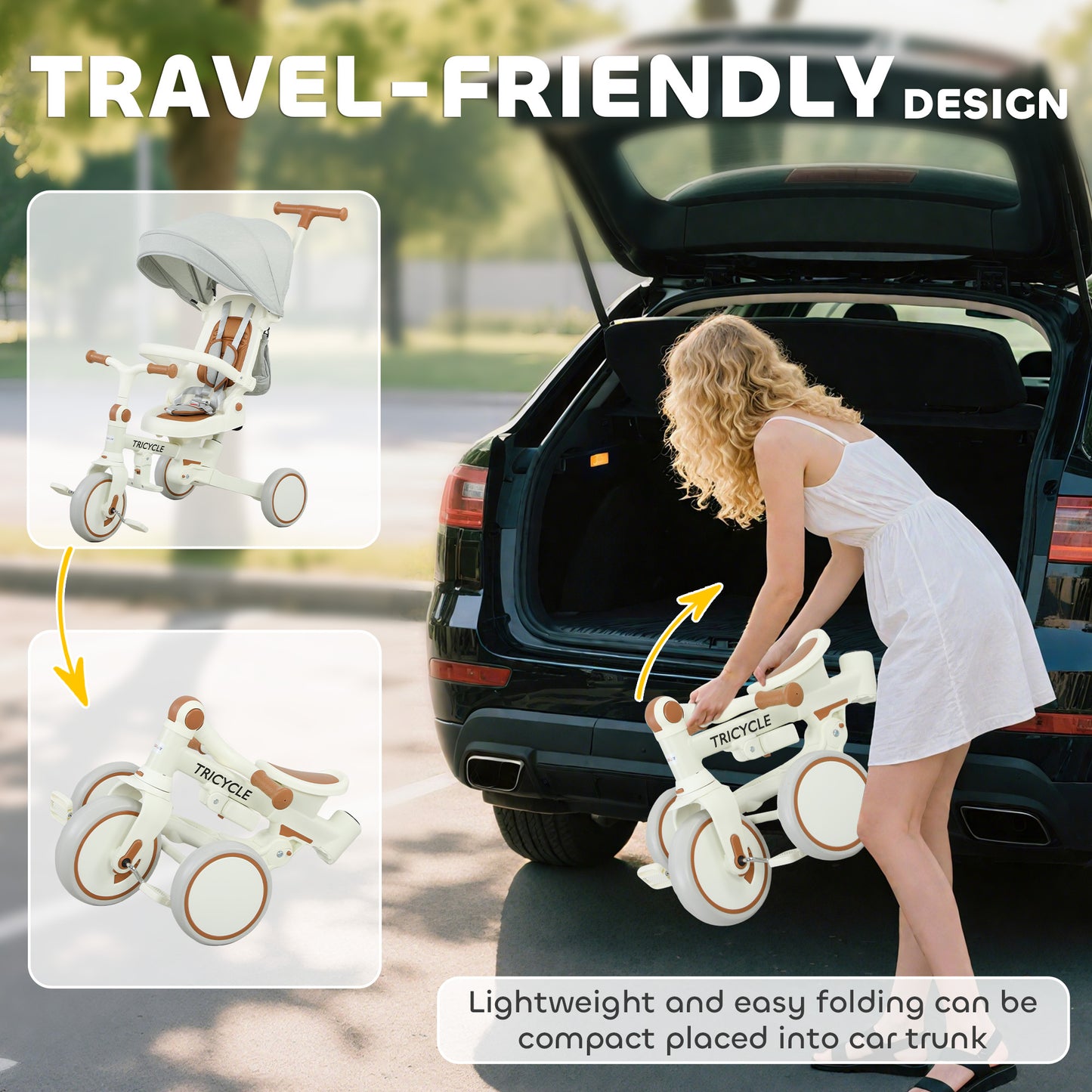 AIYAPLAY 5 in 1 Kids Trike with Adjustable Backrest, Toddler Tricycle with Push Handlebar, Adjustable Backrest, Cream White