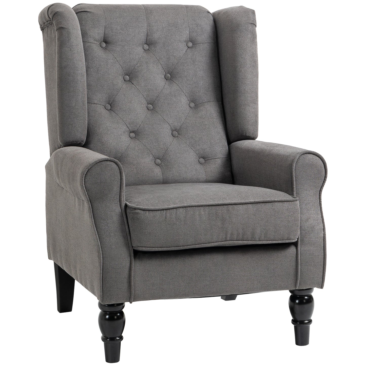 Photo of HOMCOM Wingback Accent Chair, Snow Flannel Armchair with Thick Spring Cushion, High Back, Solid Wood Legs, Retro Button Tufted Reading Chair for Living Room, Bedroom, Dark Grey in Grey colour on a white background