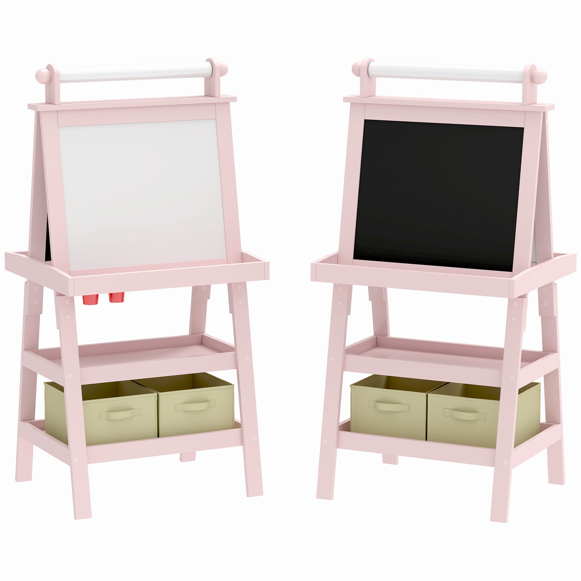 Photo of AIYAPLAY 3 in 1 Kids Easel Double-Sided Magnetic Whiteboard and Chalkboard with Paper Roll, Storage Baskets - Pink in Pink colour on a white background