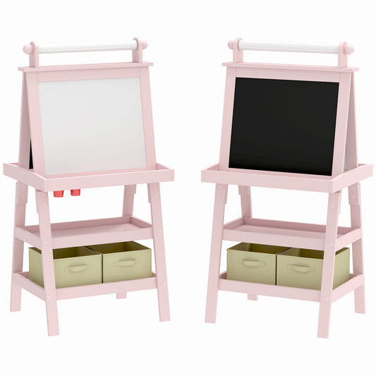 Photo of AIYAPLAY 3 in 1 Kids Easel Double-Sided Magnetic Whiteboard and Chalkboard with Paper Roll, Storage Baskets - Pink in Pink colour on a white background