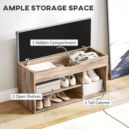 Shoe storage bench with lift-up hidden compartment, two open shelves and tall side cabinet
