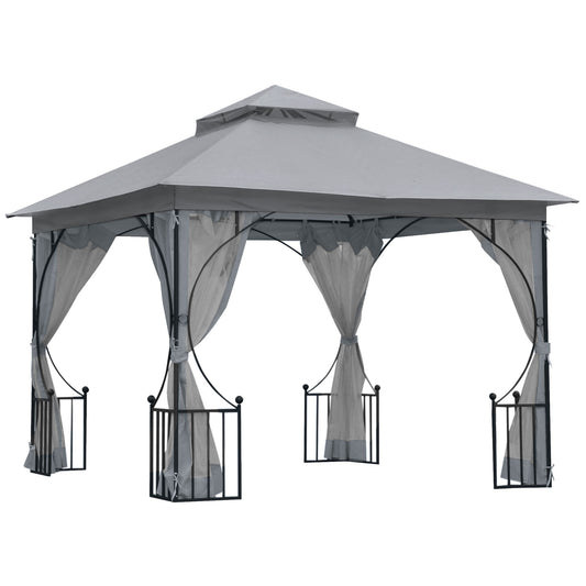 Photo of Outsunny 3 x 3(m) Garden Gazebo Patio Party Tent Shelter Outdoor Canopy Double Tier Sun Shade Metal Frame Netting, Light Grey in Grey colour on a white background