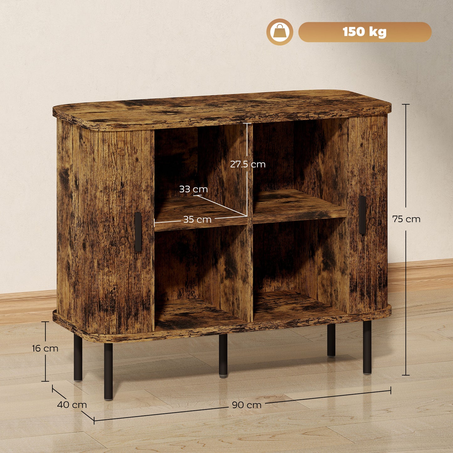 HOMCOM Mid-Century Modern Sideboard Storage Cabinet with Slatted Tambour Sliding Doors, Kitchen Cabinet with Steel Legs, Rustic Brown
