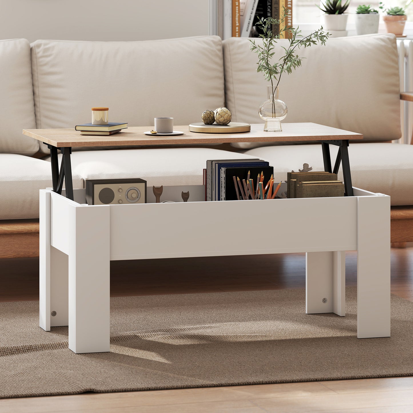 HOMCOM Lift Top Coffee Table with Hidden Storage Compartment, Lift Tabletop Pop-Up Center Table for Living Room