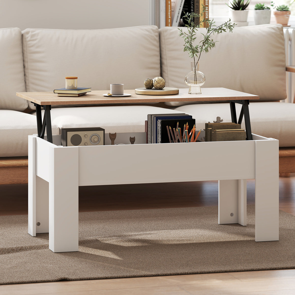 HOMCOM Lift Top Coffee Table with Hidden Storage Compartment, Lift Tabletop Pop-Up Center Table for Living Room