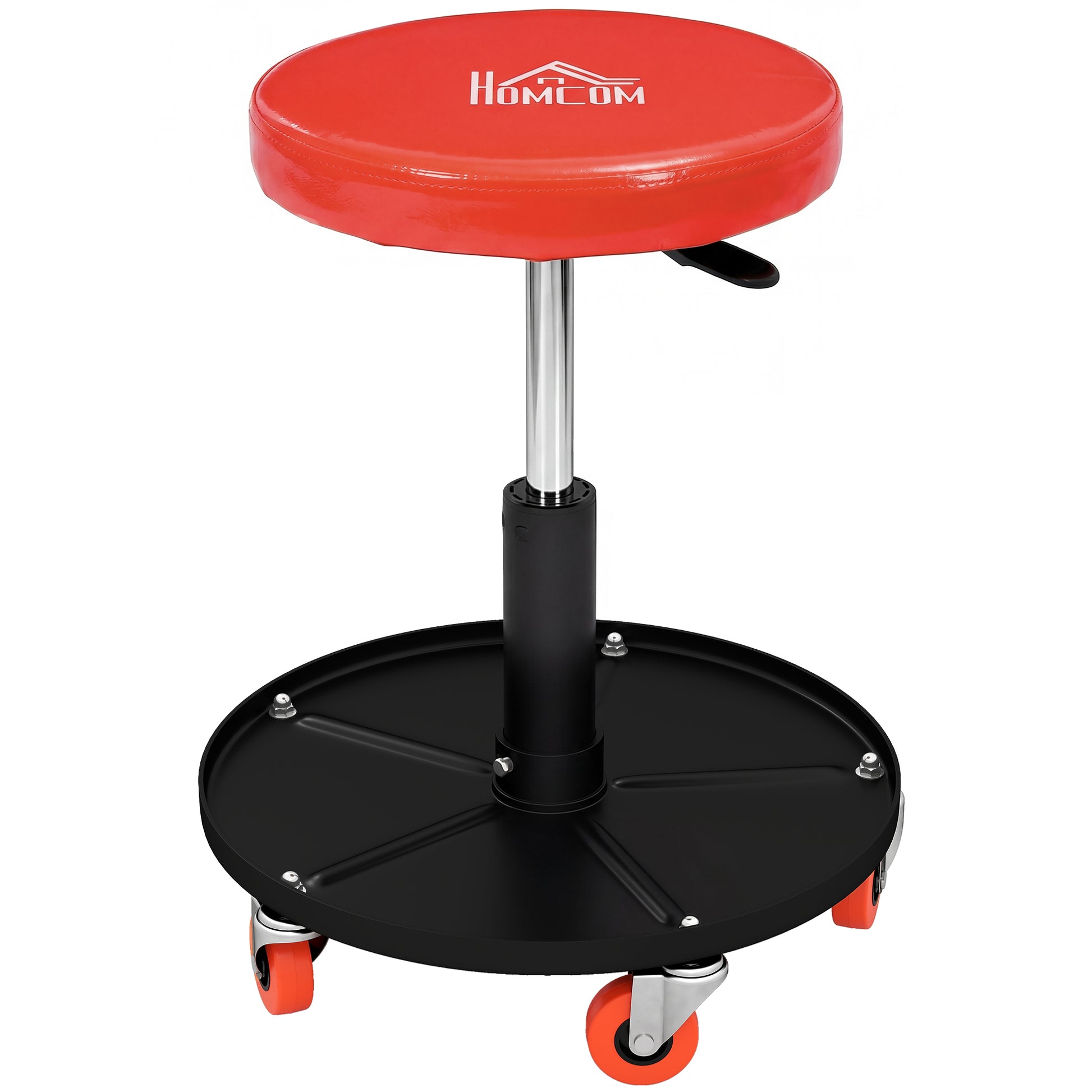 Photo of HOMCOM Rolling Mechanical Stool, Pneumatic Adjustable Workshop Stool with Tool Tray, Wheels - Orange in Orange colour on a white background