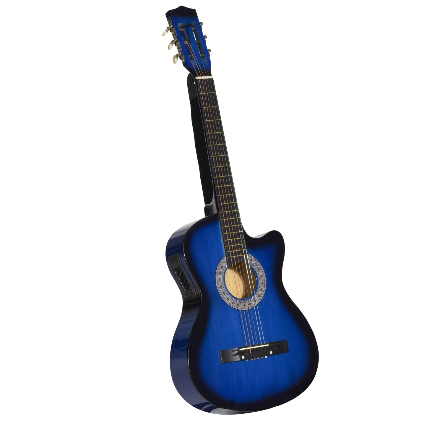 Photo of HOMCOM 38 Inch Full Size Acoustic Electric Guitar, Classical Beginner Junior Adult Guitar Gloss Finish with Carrying Case, Strap, Picks, Spare Strings - Blue in Blue colour on a white background