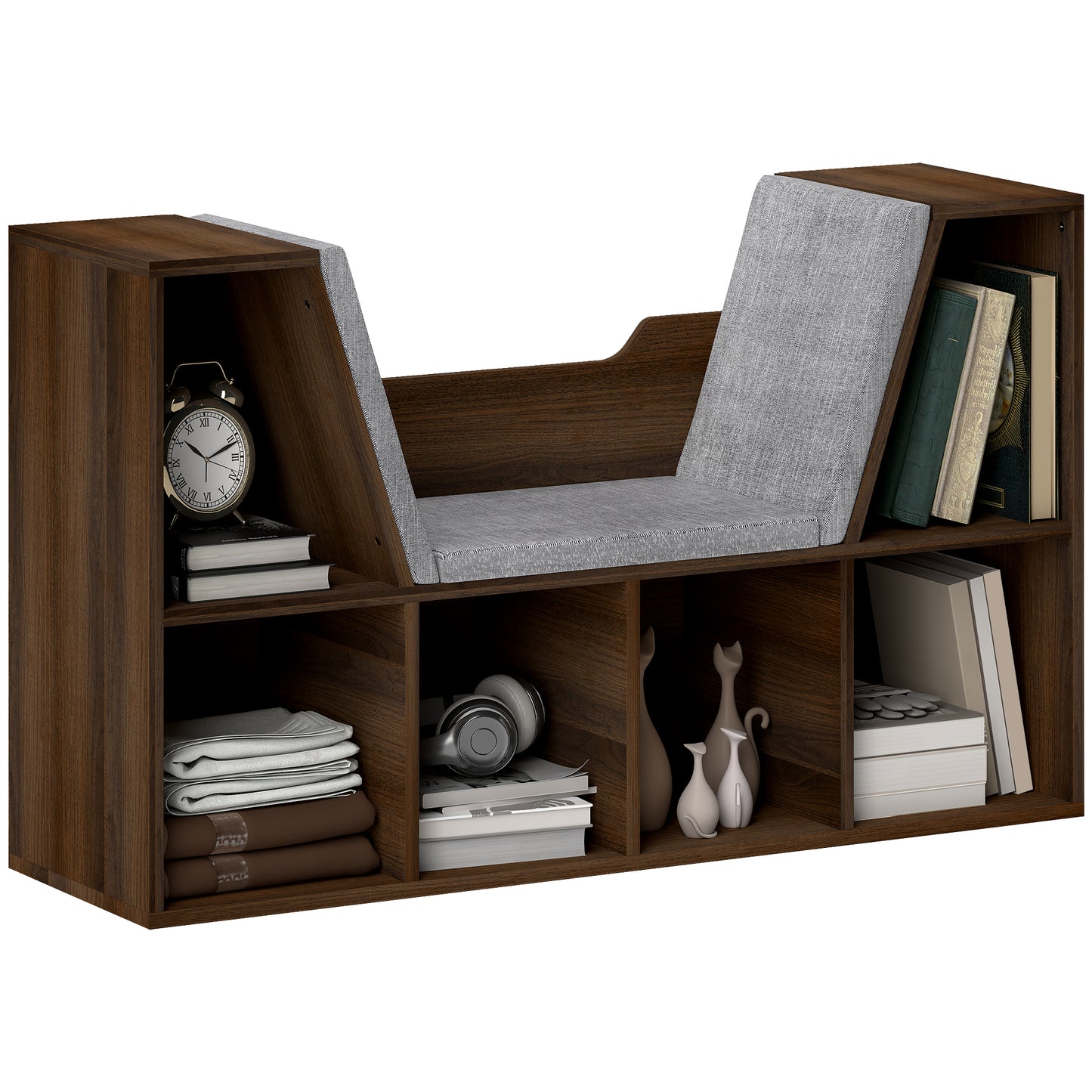 Photo of HOMCOM Bookcase Storage Shelf with Cushioned Reading Seat, Cube Bookshelf Organizer for Bedroom Living Room, Chestnut in Chestnut colour on a white background