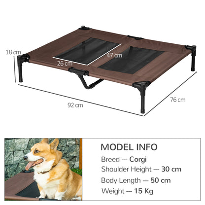 Raised brown mesh dog cot with black metal frame, dimensions, and Corgi size guide