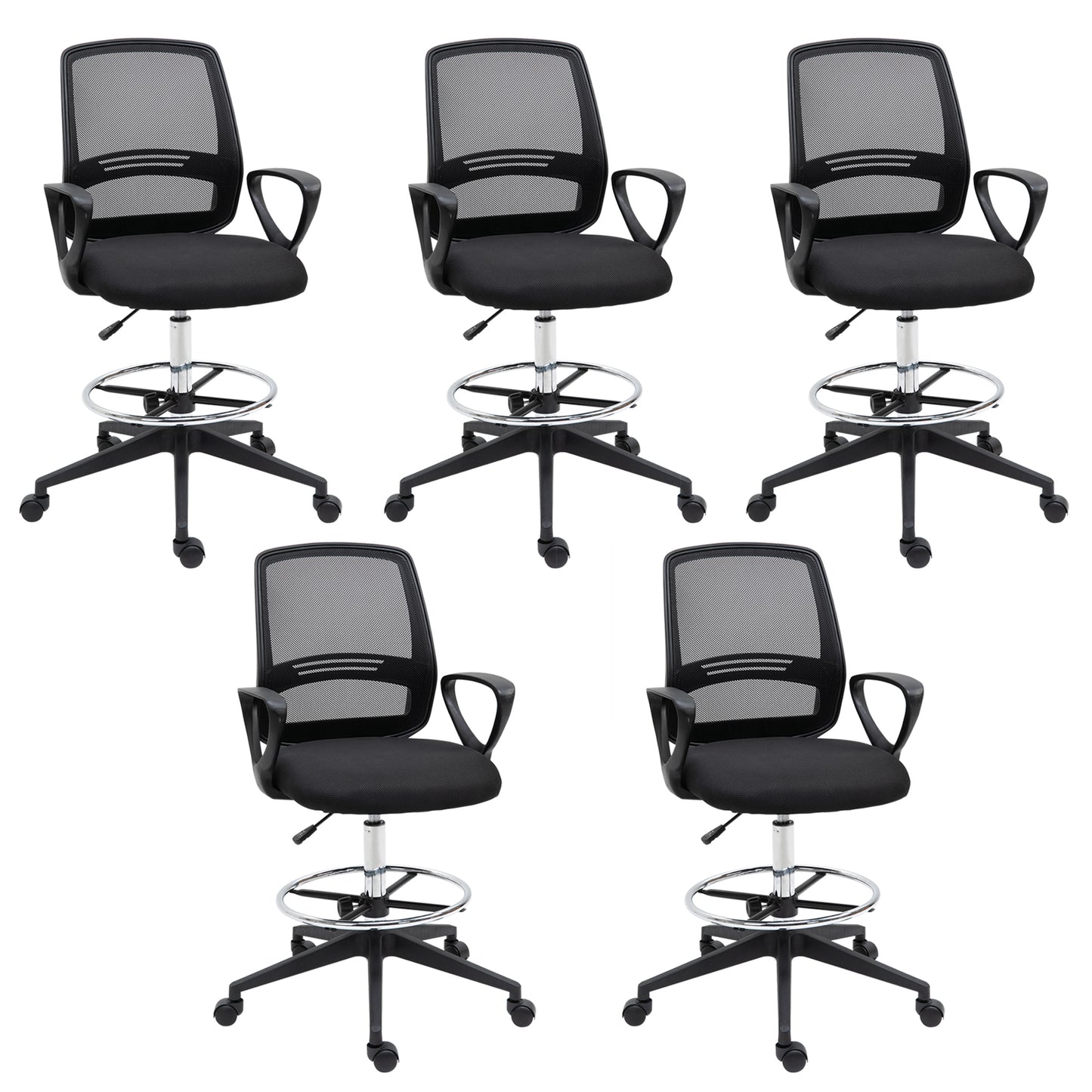Photo of Vinsetto Ergonomic Mesh Back Drafting Chair, Tall Office Chair, Draughtsman Chair with Adjustable Height and Footrest 360° Swivel, Set of 5 in 5 colour on a white background