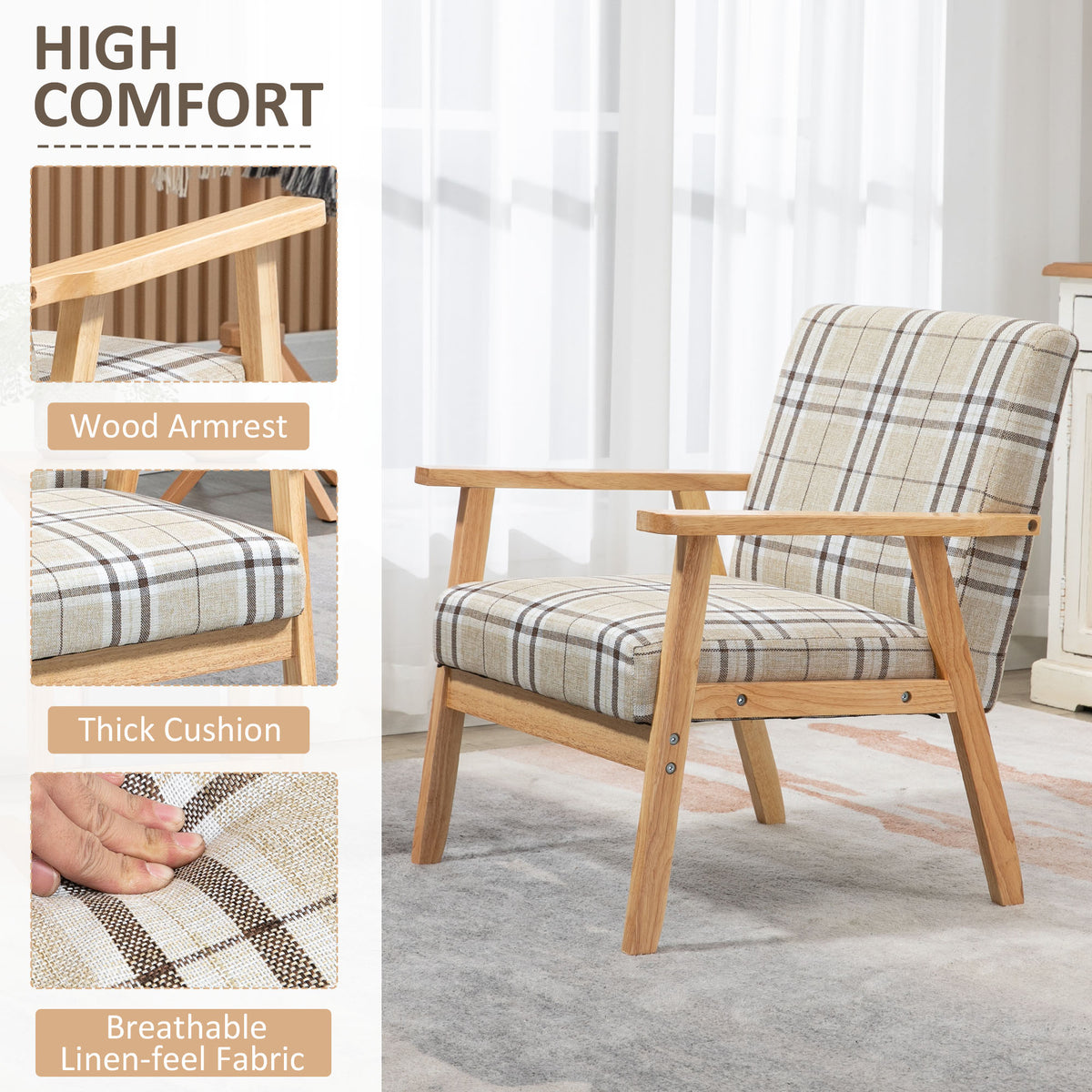 HOMCOM plaid armchair with thick cushion and wood armrests