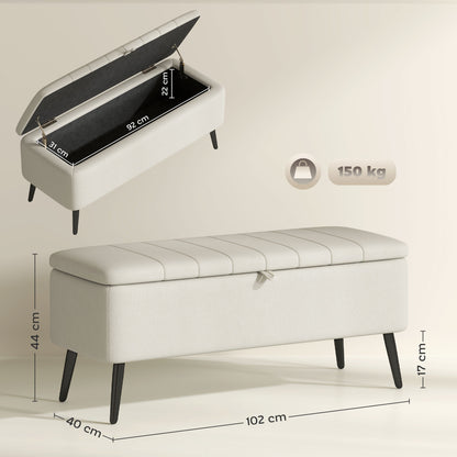 HOMCOM storage ottoman shown open and closed, with interior and overall dimensions