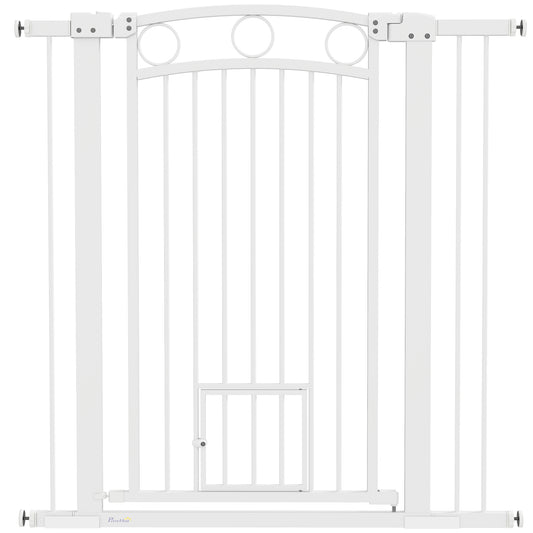 Photo of PawHut 106cm Tall Dog Gate with Cat Door, 7cm and 14cm Extensions, for Stairs, Doorways, 76-104cm Width in Width colour on a white background